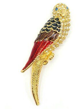 Giorgio Gold Tone Red Enamel Clear Rhinestone Parrot Bird Brooch Signed